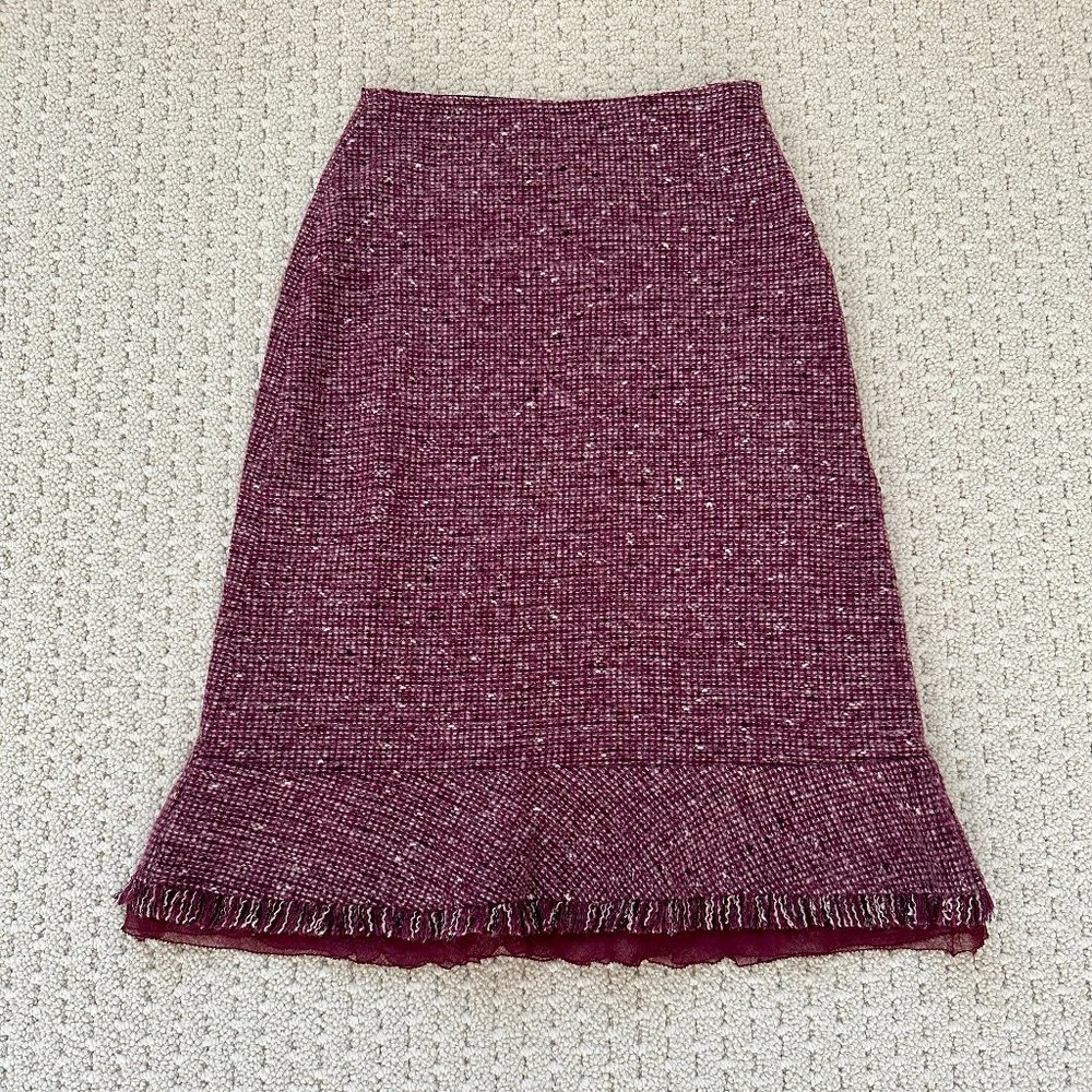 Wool tweed midi skirt with silk chiffon trim at bottom